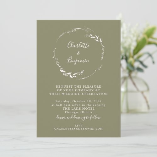 Minimal Dusty Olive Floral Wreath Script Wedding Invitation