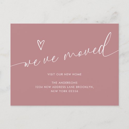Minimal Dusty Pink Heart Script Weve Moved Moving Postcard