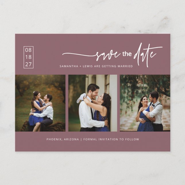 Minimal Dusty Purple Photo QR Code Save the Date Postcard (Front)
