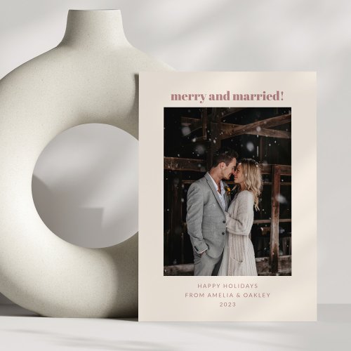 Minimal Dusty Rose Merry Married Christmas Photo Holiday Card