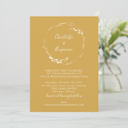 Minimal Dusty Yellow Floral Wreath Script Wedding Invitation