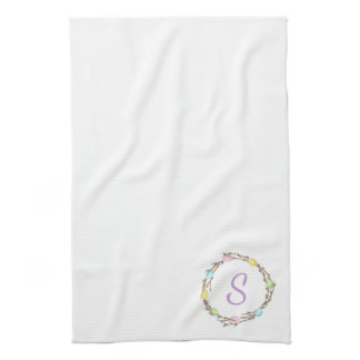 Minimal Easter Wreath Monogram And Easter Eggs Kitchen Towel