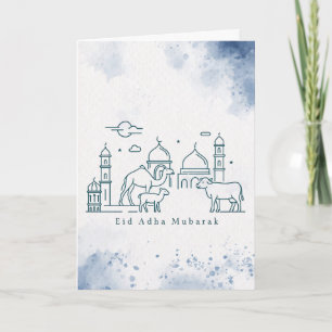 Minimal Eid al Adha Mosque and Animals Line Art  Holiday Card