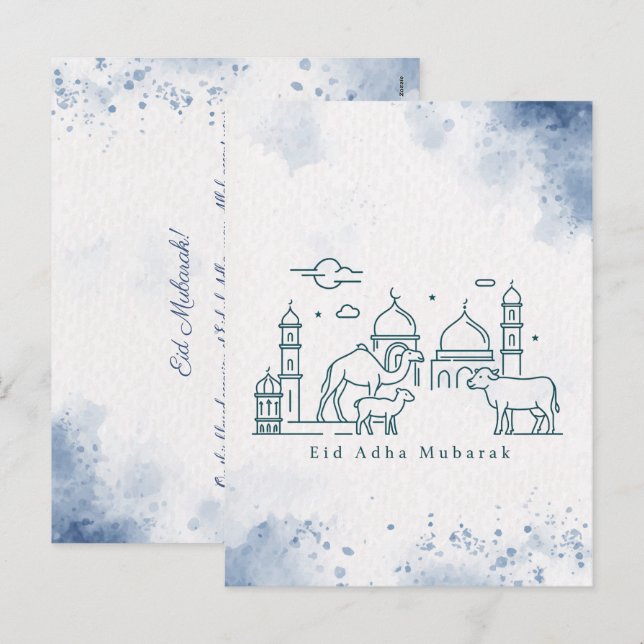 Minimal Eid al Adha Mosque and Animals Line Art  Holiday Postcard (Front/Back)