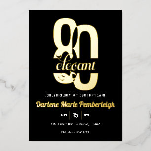Minimal Eighty & Elegant 80th Birthday Black Gold Foil Invitation