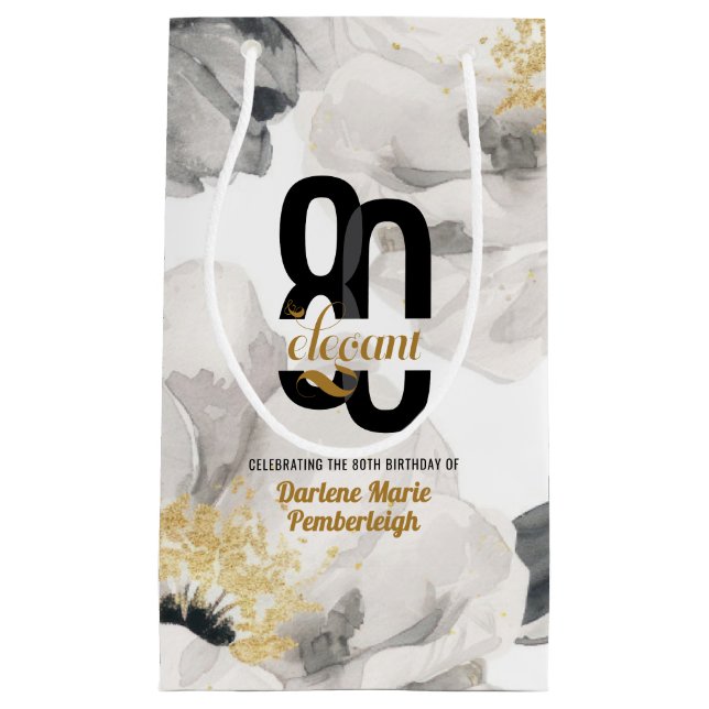 Minimal Eighty & Elegant Black Gold 80th Birthday Small Gift Bag (Front)