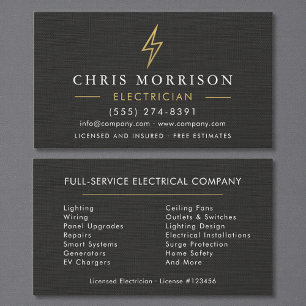 Minimal Electrician Black Gold Linen Business Card