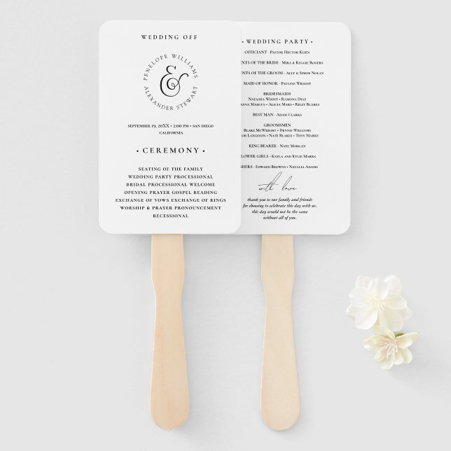 Minimal Elegance Simple Black and White Wedding  Hand Fan (Front and Back)