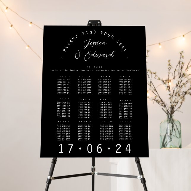 Minimal Elegant 12 Tables Seat Chart Photo Black Foam Board (In Situ (Stand))