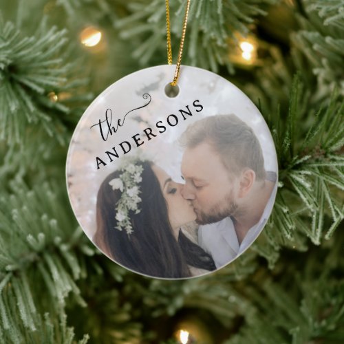 Minimal Elegant Angled Newlywed Photo Ceramic Ornament
