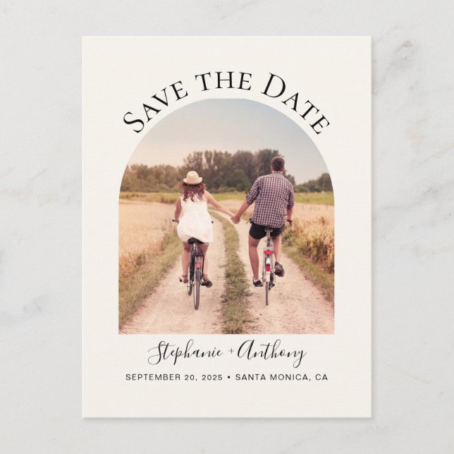 Minimal Elegant Arch Frame Photo Cream Announcement Postcard (Front)