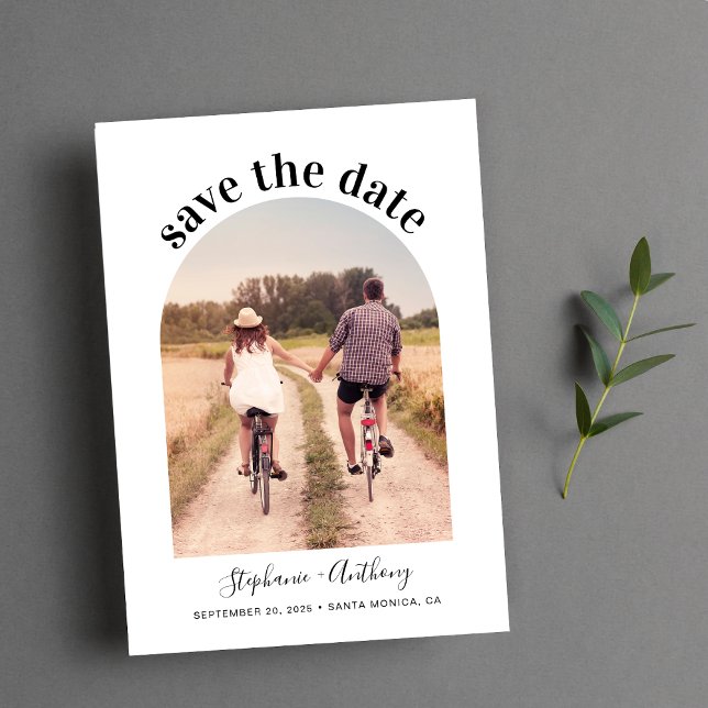 Minimal Elegant Arched Frame Photo Save The Date (Easily upload your photo and add your names, wedding date and location)