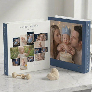 Minimal Elegant Baby First Year Blue Collage LPM26 3 Ring Binder