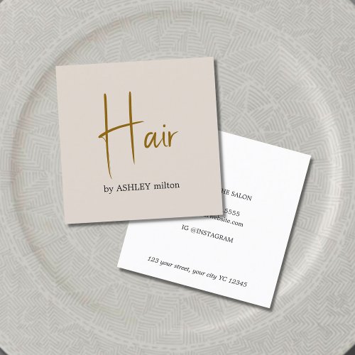 Minimal Elegant Beige Bold Hair Salon Square Business Card