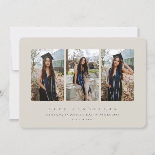 Minimal Elegant Beige Triple Photo Graduation Announcement