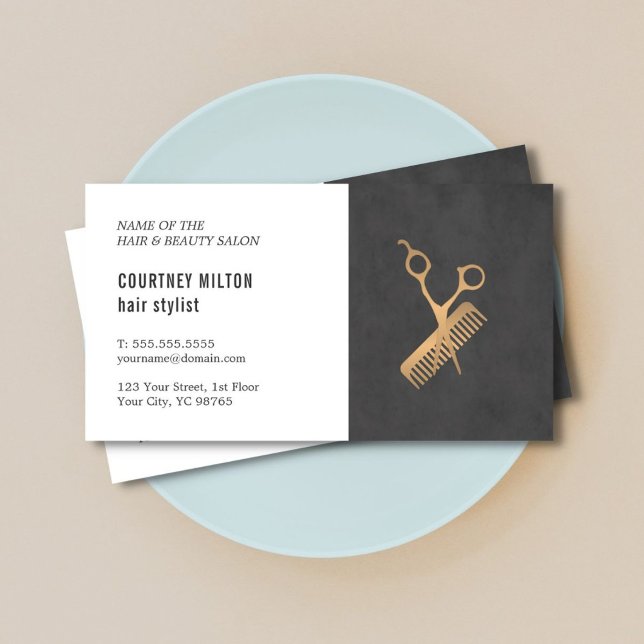 Minimal Elegant Black Faux Gold Hair Stylist Business Card (Creator Uploaded)