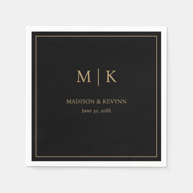 Minimal & Elegant Black & Gold Monogram Wedding Napkins (Front)
