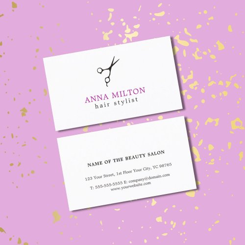 Minimal Elegant Black Scissor Purple Hair Stylist Business Card