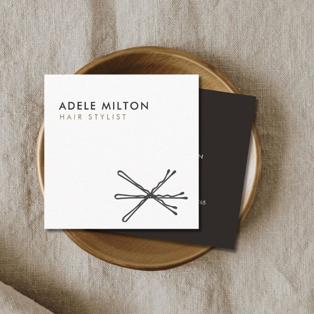 Minimal Elegant Black White Bobby Pins Hair Square Business Card (Creator Uploaded)