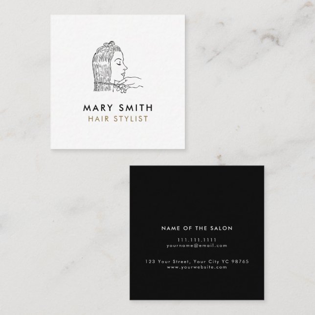 Minimal Elegant Black White  Hair Square Business Card (Front/Back)