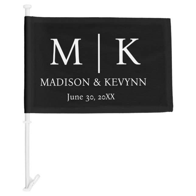 Minimal & Elegant Black & White Monogram Wedding Car Flag (Front)