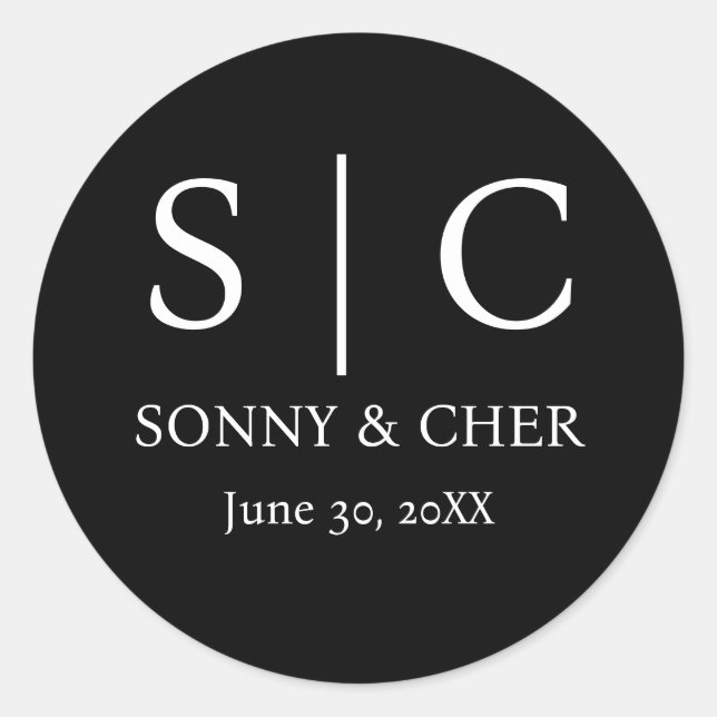 Minimal & Elegant Black & White Monogram Wedding Classic Round Sticker (Front)