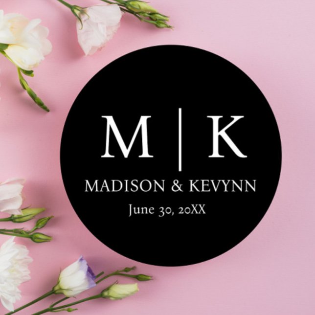 Minimal & Elegant Black & White Monogram Wedding Classic Round Sticker (Creator Uploaded)