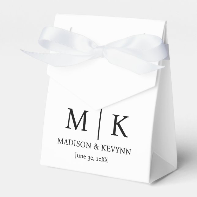 Minimal & Elegant Black & White Monogram Wedding Favor Boxes (Front Side)