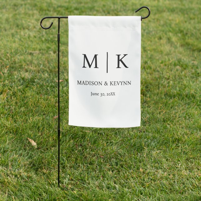 Minimal & Elegant Black & White Monogram Wedding Garden Flag (In SItu)