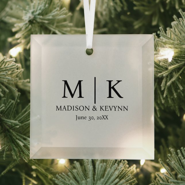 Minimal & Elegant Black & White Monogram Wedding Glass Ornament (Insitu)