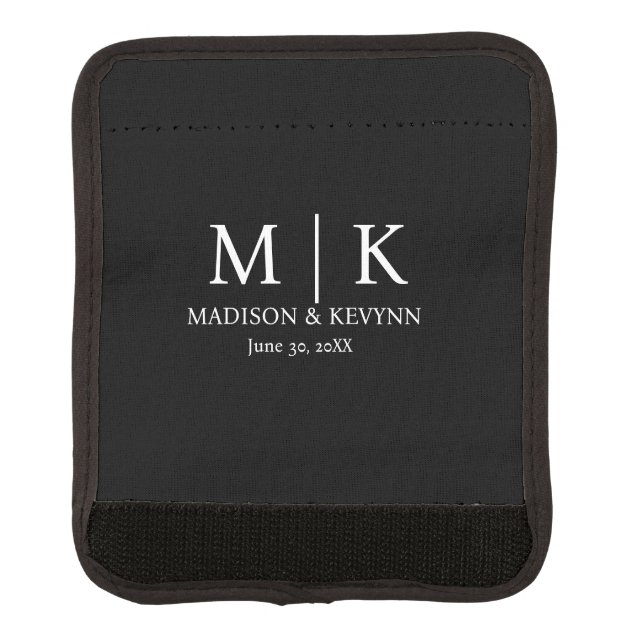 Minimal & Elegant Black & White Monogram Wedding Luggage Handle Wrap (Front)
