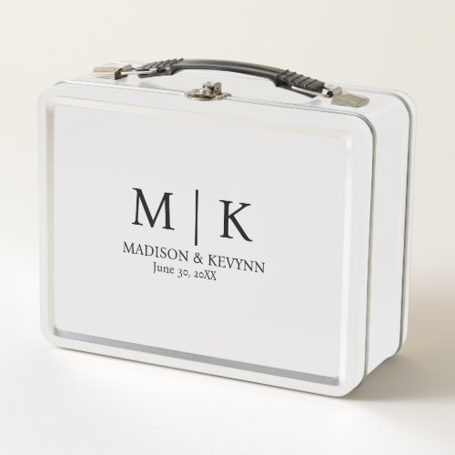 Minimal  Elegant Black  White Monogram Wedding Metal Lunch Box