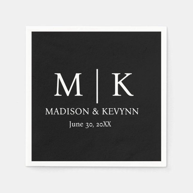 Minimal & Elegant Black & White Monogram Wedding Napkins (Front)
