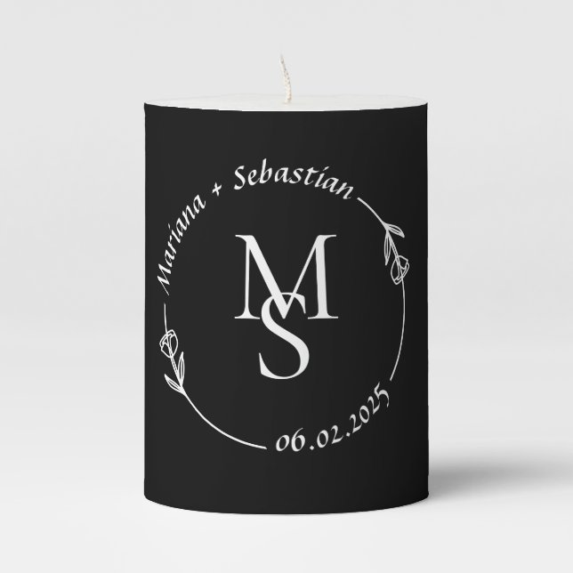 Minimal Elegant Black + White Monogram Wedding Pillar Candle (Front)