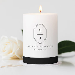 Minimal &amp; Elegant Black &amp; White Monogram Wedding Pillar Candle