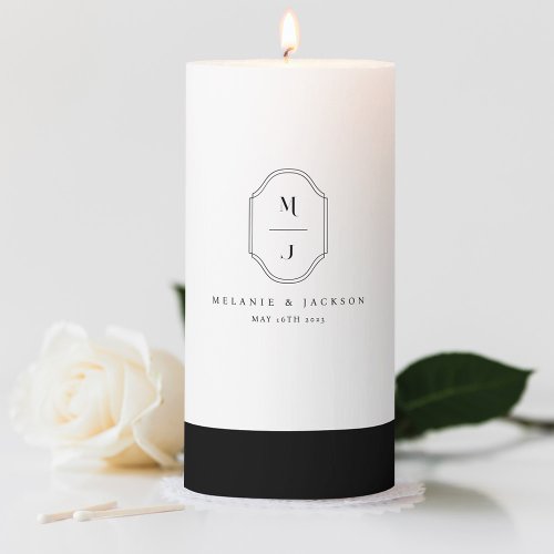 Minimal  Elegant Black  White Monogram Wedding Pillar Candle