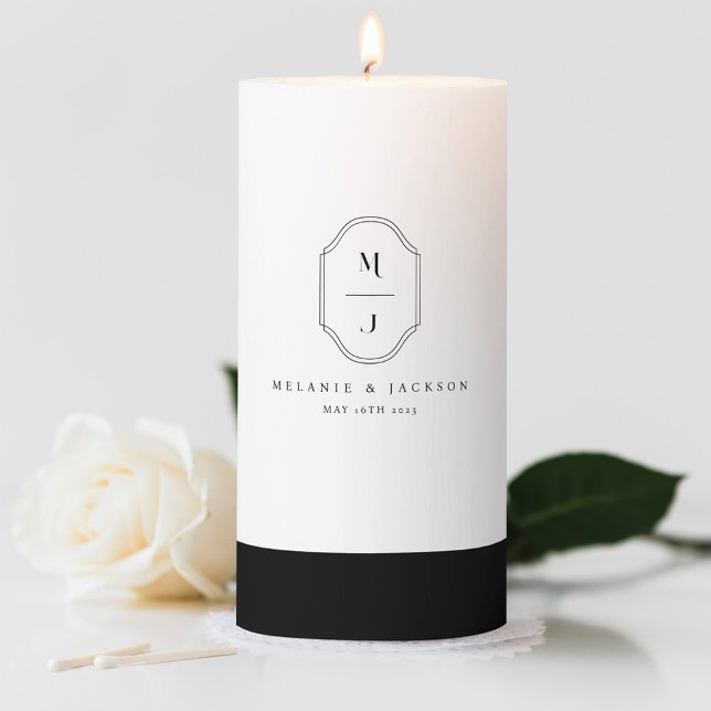 Minimal & Elegant Black & White Monogram Wedding Pillar Candle (Creator Uploaded)