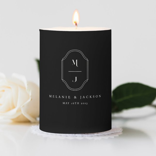 Minimal & Elegant Black & White Monogram Wedding  Pillar Candle (Creator Uploaded)