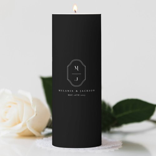 Minimal  Elegant Black  White Monogram Wedding Pillar Candle