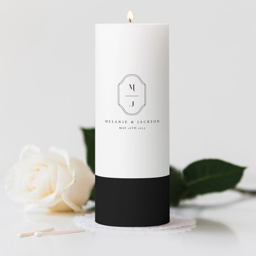 Minimal  Elegant Black  White Monogram Wedding Pillar Candle