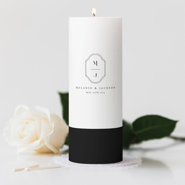 Minimal & Elegant Black & White Monogram Wedding Pillar Candle (Creator Uploaded)