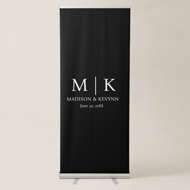 Minimal & Elegant Black & White Monogram Wedding Retractable Banner (Front)