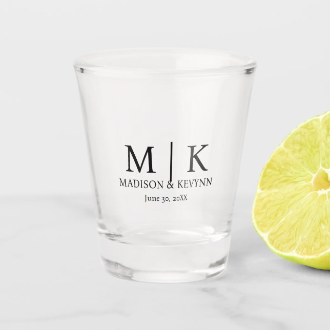 Minimal & Elegant Black & White Monogram Wedding Shot Glass (Front)