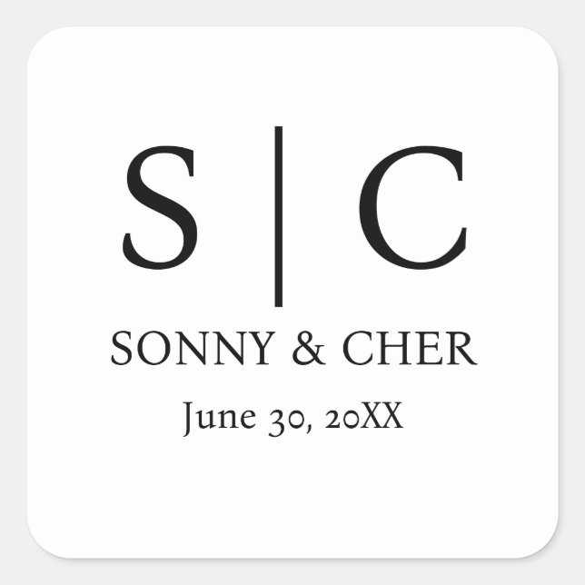 Minimal & Elegant Black & White Monogram Wedding Square Sticker (Front)