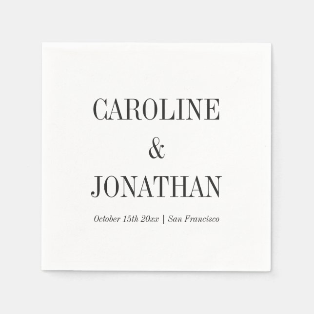Minimal Elegant Black White Serif Wedding Names Napkins (Front)