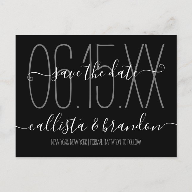 Minimal Elegant Black White Wedding Save the Date Announcement Postcard (Front)