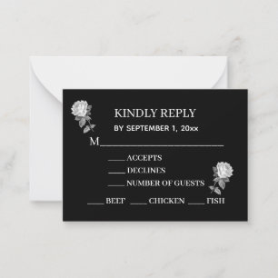 Minimal, Elegant, Black & White with Roses Reply Note Card
