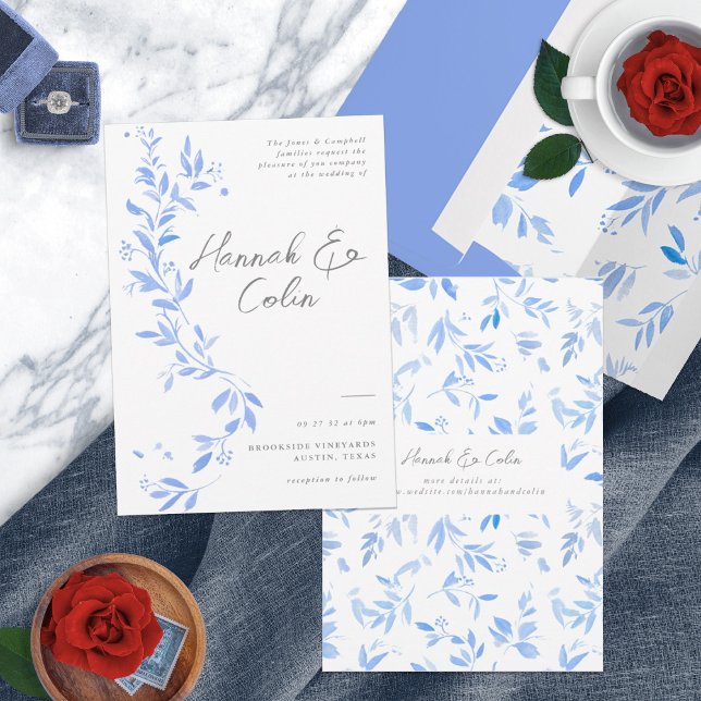Minimal Elegant Blue Painted Porcelain All In One Invitation (Creator Uploaded)