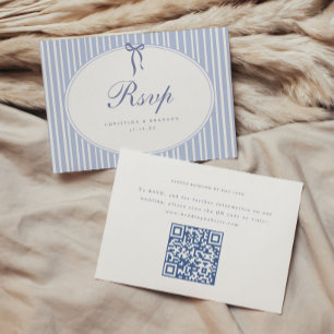 Minimal Elegant Blue Stripe Script Wedding QR Code RSVP Card
