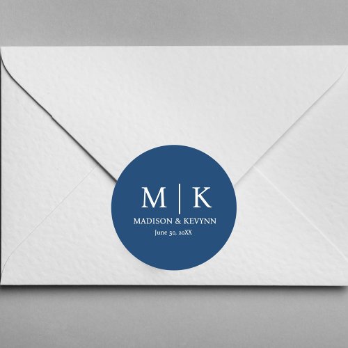 Minimal  Elegant Blue  White Monogram Wedding Classic Round Sticker